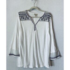 Lucky Brand Top Womens Large White Boho Embroidered Peasant Slub Knit Stretchy